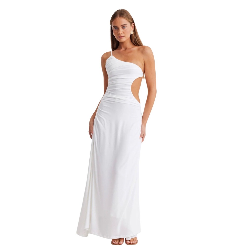 SNDYS Monaco Dress in White One Shoulder Ruched Cutout Maxi Dress XXS Formal